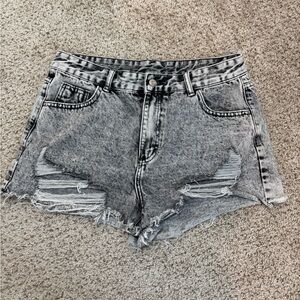 SHEIN Y2K Grey and Black Ripped Distressed Denim Cut Off Shorts Size Large
